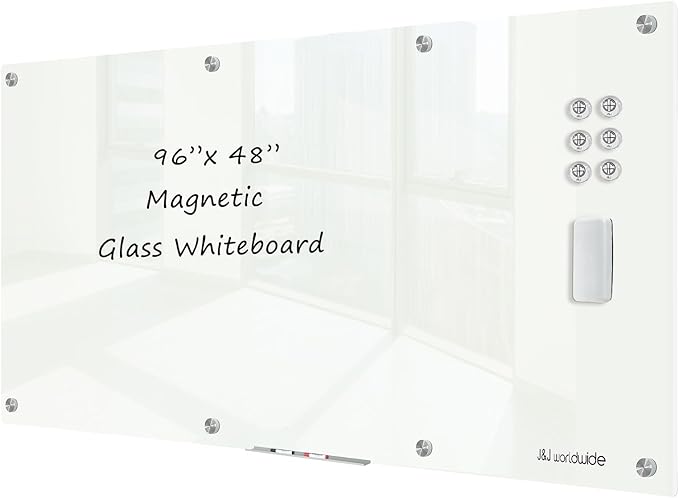 J&J worldwide Magnetic Glass Whiteboard 8' x 4', 96 x 48 Inches Large Frameless White Boards for Walls, Large Dry Erase Board for Office, Home, School