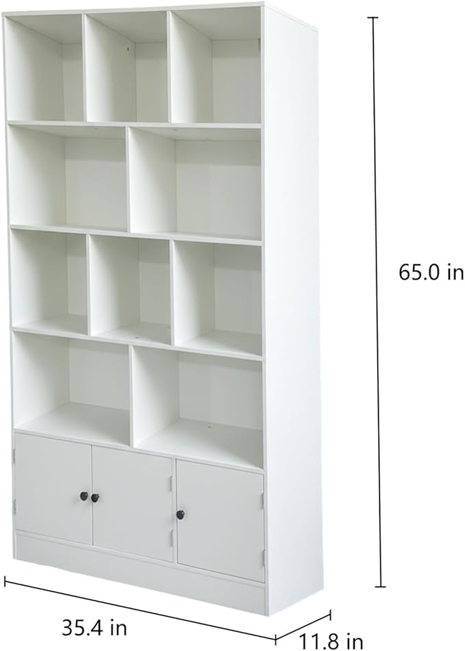 Anystyle White 5-Tier Bookshelf, 13-Cube Storage Cabinet with 3 Doors, Freestanding Bookcase for Living Room & Home Office, 35.4” W x 11.8” D x 65” H