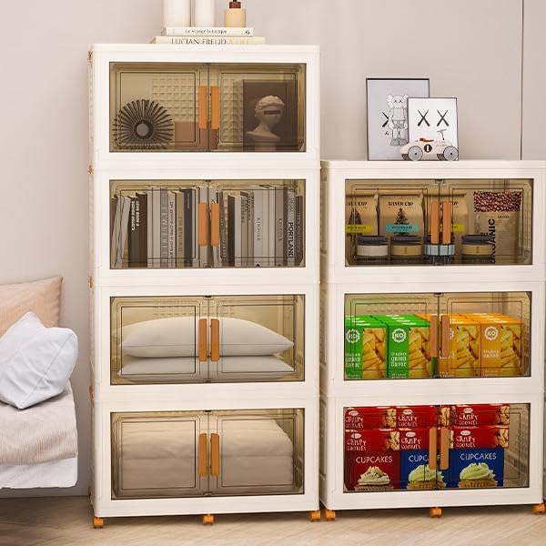 Plastic Stackable Storage Bins with Lids and Wheels, 720QT-180QT*4Tier Foldable Closet Organizers and Containers, Collapsible Clear Drawer Storage Cabinet with Doors Ivory White