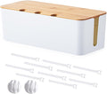 Cable Management Box, Cord Cable Organizer Box with Bamboo Lid, Under Desk Cable Management with 10 Cable Ties and 2 Cable Clip Holders for TV Router Computer USB Hub White