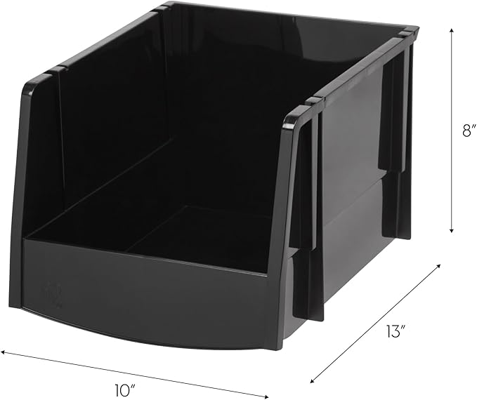 IRIS USA Extra Large Stackable Storage Bins, 6-Pack, 13" L x 10" W x 8" H, |Made in USA|, Plastic Open Front Shelf Bin for Organizing Parts, Hardware, Tools, Supplies, Garage Shelf, Pantry - Black