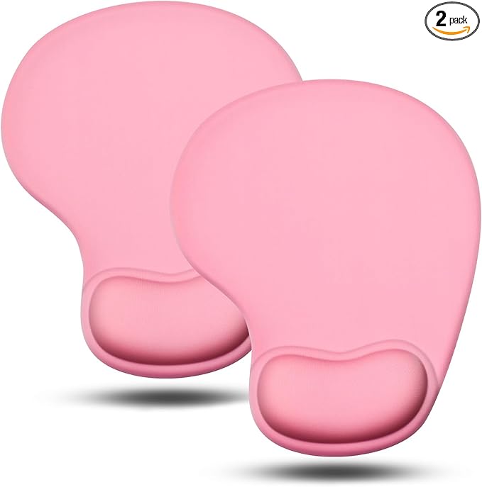 JIKIOU Mouse Pad, 2 Pack Ergonomic Mouse Pads with Comfortable Gel Wrist Rest Support and Smooth Cloth, Non-Slip PU Base for Easy Typing Pain Relief Durable and Easy to Clean Small Pink