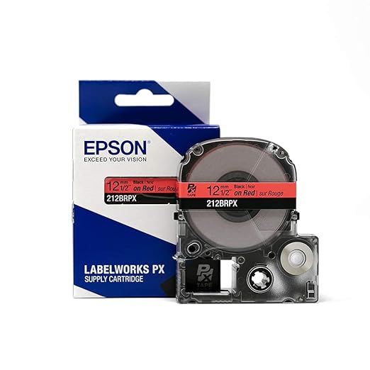 Epson LABELWORKS 212BRPX Genuine PET (Polyester) Tape Cartridge - Black on Red Standard Industrial Label Maker Tape - 1/2" (12MM) Wide, 30 ft