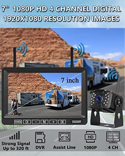 RV Backup Camera Wireless DOUXURY IP69 Waterproof 170° Wide View Angle HD 1080P Rear View Camera + HD LCD 7" Monitor, Digital Wireless Camera System for RV Truck 5th Wheel Trailer Pickup Camper Bus