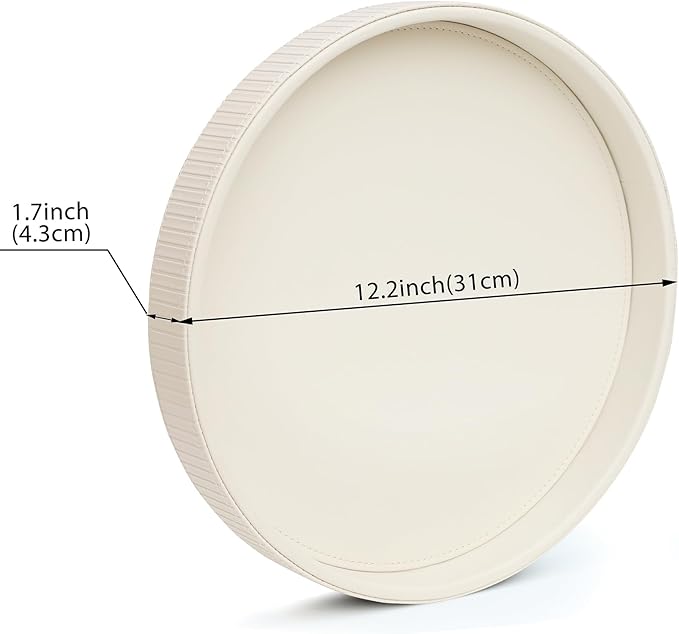 HofferRuffer Round Decorative Tray, Faux Leather Vanity Tray Decor, Decorative Catchall for Perfume, Bathroom Valet, Nightstand or Dresser, 12 x 12 x 1.6 inches (CreamWhite Stripe)