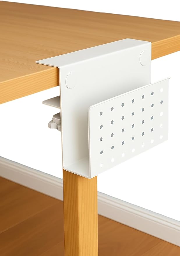 Desk Side Mount Laptop Holder (White) - No Drill Steel Hanging Organizer for Office & Home - Under Desk Storage