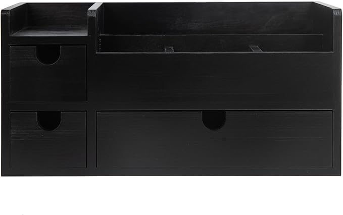 Vintage Black Wooden Desktop Organizer Removable Drawers Office Supplies Wood Storage Cabinet Caddy Box Stationery Pencil Slots Mail Holder Note Pads Accessories Home Makeup Tools Cosmetics