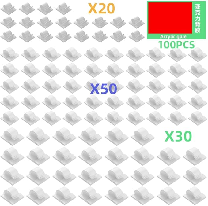 100 PCS White Adhesive Cable Clips Cord Organizer (Small, Medium,Large),Wire Holder for Cable Management, Outdoor Light Clips Light Hooks for LED String,Car Dash Cam, Extension Cord (White)