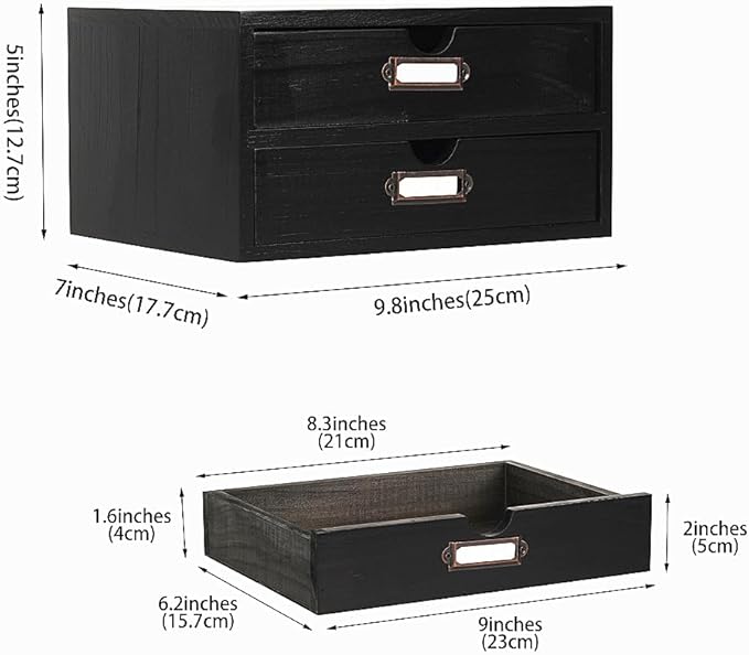 Wooden Storage Box Rustic Desktop Organizer with 2 Drawers Office Desk Accessories Shelf Small Craft Storage Containers Apothecary Cabinet and Chest Jewelry Holder for women(BLACK)