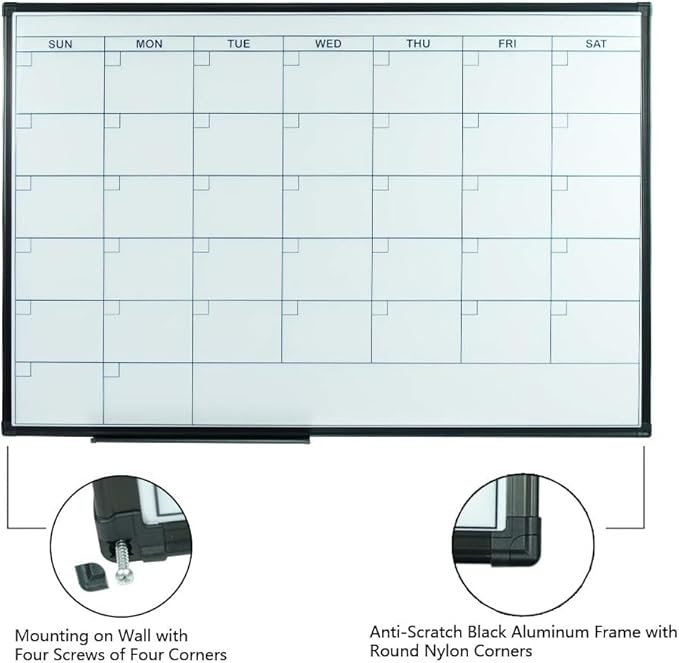 Lockways 36" x 24" Magnetic Dry Erase Calendar Whiteboard - Ultra-Slim Black Aluminum Frame Wall Mount Board for Office, Home & Classroom