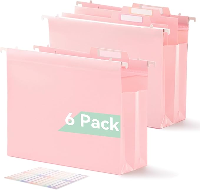 Plastic High Capacity Hanging File Folders, Letter Size, 4" Expanding Accordion Pocket with Movable Dividers, Pink Colors, Heavy Duty for Filing Cabinet, Insertable Tabs, 6 Pack