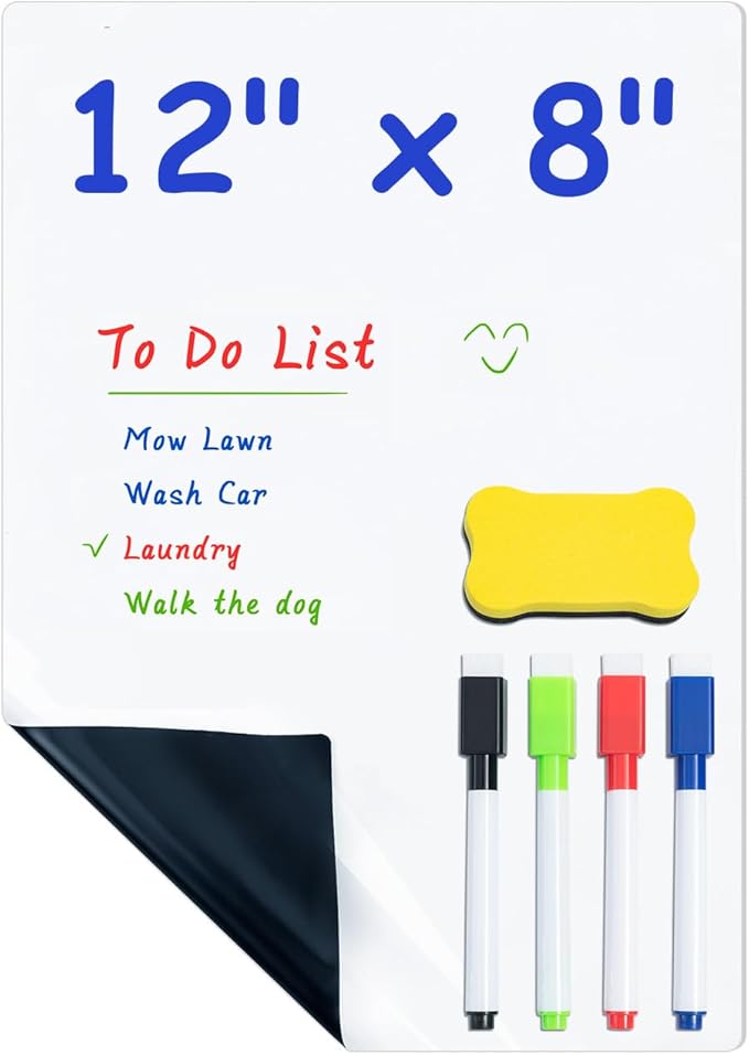 M&G Magnetic Dry Erase Board for Fridge, 12”x 8” Fridge Whiteboard for Kitchen, Small White Board Set with 4 Markers and Eraser, to Do List, Family Schedule Planning Board