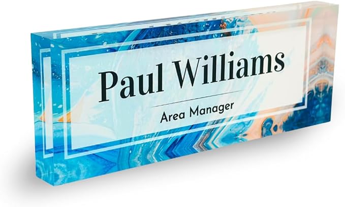 Customized Clear Acrylic Thick 8x3" Acrylic Black - Desk Name Plate Block with Personalized Logo - Professional Office Decor - Customized Acrylic Plate Gift for Teacher Co-workers (Blue-Beige Paint)