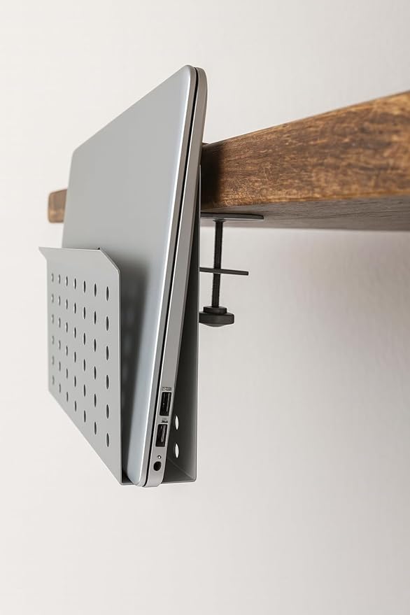 Desk Side Mount Laptop Holder (White) - No Drill Steel Hanging Organizer for Office & Home - Under Desk Storage