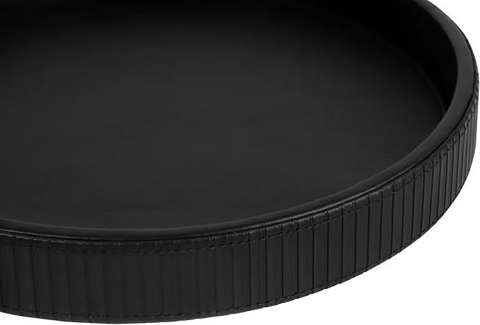 HofferRuffer Round Decorative Tray, Faux Leather Vanity Tray Decor, Decorative Catchall for Perfume, Bathroom Valet, Nightstand or Dresser, 12 x 12 x 1.6 inches (Black Stripe)