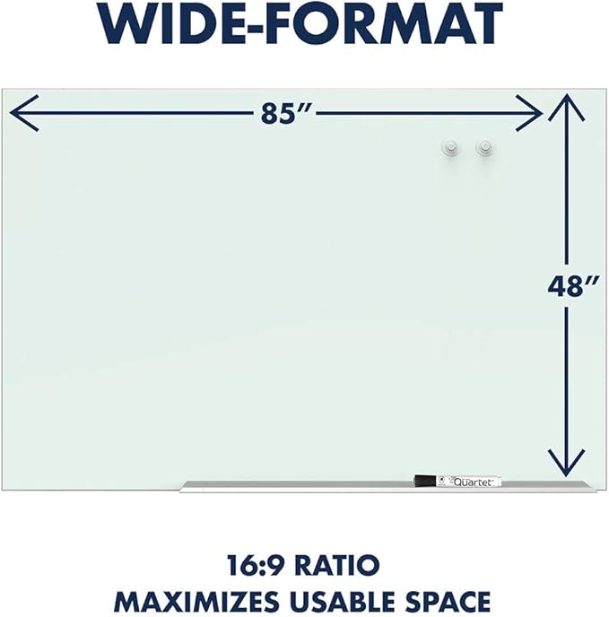 Quartet Glass Whiteboard, Magnetic Dry Erase White Board, 85" x 48", Wide Format, Aluminum Frame, Element (G8548E)