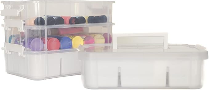 Everything Mary Clear 4-Tier Stackable Snap Box – Portable Plastic Craft Organizer for Paint Bottles, Glitter, Beads, Sewing Notions, DIY Supplies – Clear Storage Container with Handle