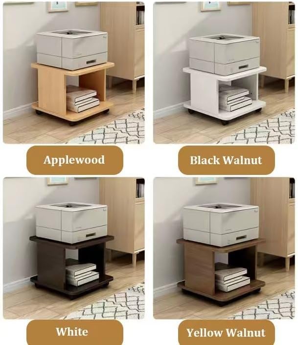 Under Desk Drawer Wooden 2 Tier Printer Shelf with Storage，Mobile Cart Wooden File Cabinets with Open Storage Shelf(White,19.7x19.7x19.7in)