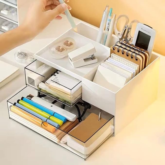 Desk Drawer Organizer, Desk Storage Box with 2 Drawers and 4 Compartments, Multifunctional Desk Accessories & Countertop Organizers for Office School Home (White）