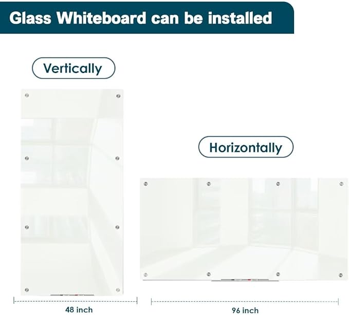 J&J worldwide Magnetic Glass Whiteboard 8' x 4', 96 x 48 Inches Large Frameless White Boards for Walls, Large Dry Erase Board for Office, Home, School