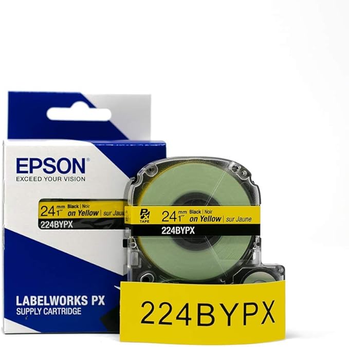 Epson LABELWORKS 224BYPX Genuine PET (Polyester) Tape Cartridge - Black on Yellow Industrial Label Maker Tape - 1" (24MM) Wide, 30 ft