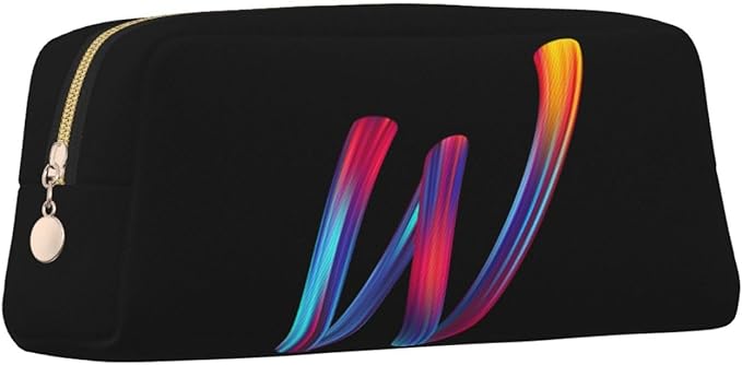 Cute Initial Pencil Case for Kids Simple Leather Pencil Pouch for Boys Girls Letter Design Pencil Box Pen Bag Pencil Pouch Office Stationery Organizer, Rainbow Letter W