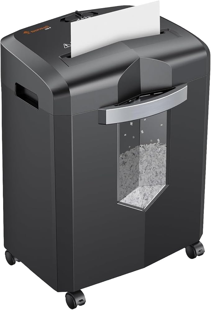 Bonsaii 12-Sheet P-4 Micro-Cut Shredder, 55-Min Continuous Use, Shreds Paper, Credit Cards & CDs, 4-Gal Transparent Bin, Mobile Casters – Black