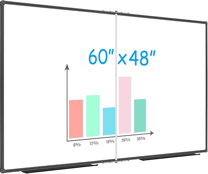 JILoffice Large Foldable White Board 60 x 48 Inches, Dry Erase Magnetic White Board, Black Aluminum Frame with 2 Detachable Marker Trays Wall Mounted Board for Office Home and School