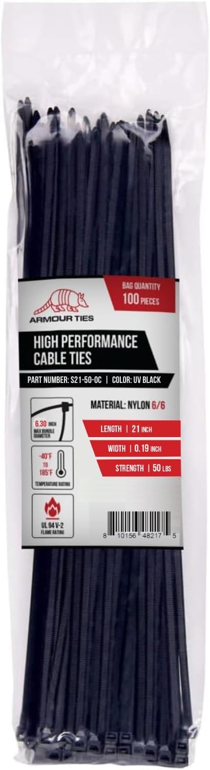 21-inch Black Zip Ties Heavy Duty UV Resistant Nylon Cable Ties, 50lb Tensile Strength, 100-Pack - Durable Wire Ties, Heavy Duty Tie Straps Indoor and Outdoor Cable Management Solution by ARMOUR TIES