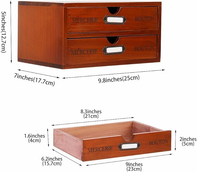 Wooden Storage Box Rustic Desktop Organizer with 2 Drawers Office Desk Accessories Shelf Small Craft Storage Containers Apothecary Cabinet and Chest Jewelry Holder for women(BROWN)