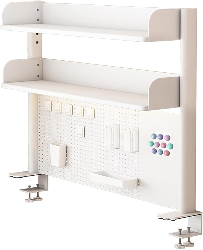 Clamp on Desk Shelf with Pegboard, Desktop Organization Bookshelf Storage Shelves for Home Office Dorm Gaming Desk, Space Saving Tabletop Display Rack (White, 39.5(W) x37.5in(H))