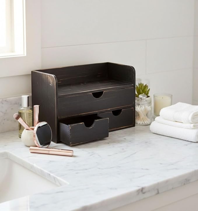 Vintage Rustic Wooden 3 Drawer with Shelf Office Desk Organizer & Mail Rack For Desktop,Box for Office Home Toiletries Supplies Vanity, No Assembly Required (Rustic Black)