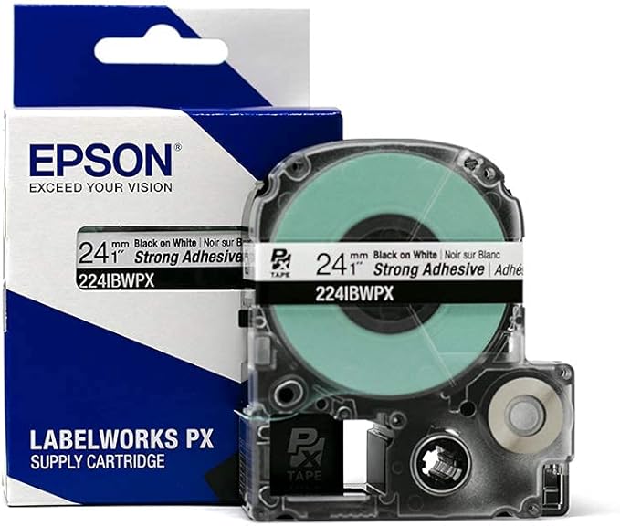 Epson LABELWORKS 224IBWPX Genuine PET (Polyester) Tape Cartridge - Black on White Strong Adhesive Industrial Label Maker Tape - 1" (24MM) Wide, 30 ft