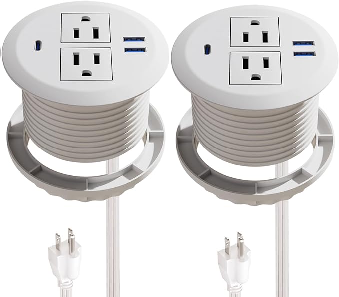 2 Pack Recessed Power Grommet 3 Inch,20W Fast Charging USB C.Fadossu Desktop Flush-Mount Power Grommet Outlet with 2-AC Outlet,3-USB Port,Fit 3-1/8" Round Desk Grommet Hole,6.56FT Cord,White
