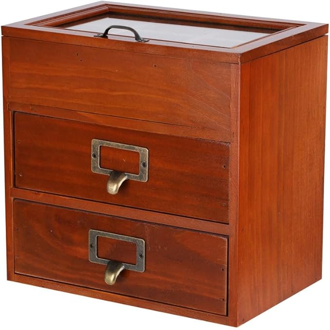 Wooden Storage Box Desk Organizer with 2 Drawers and 6 Grids Apothecary Drawers Small Craft Storage Containers Jewelry Holder for Women (Glass Brown02)