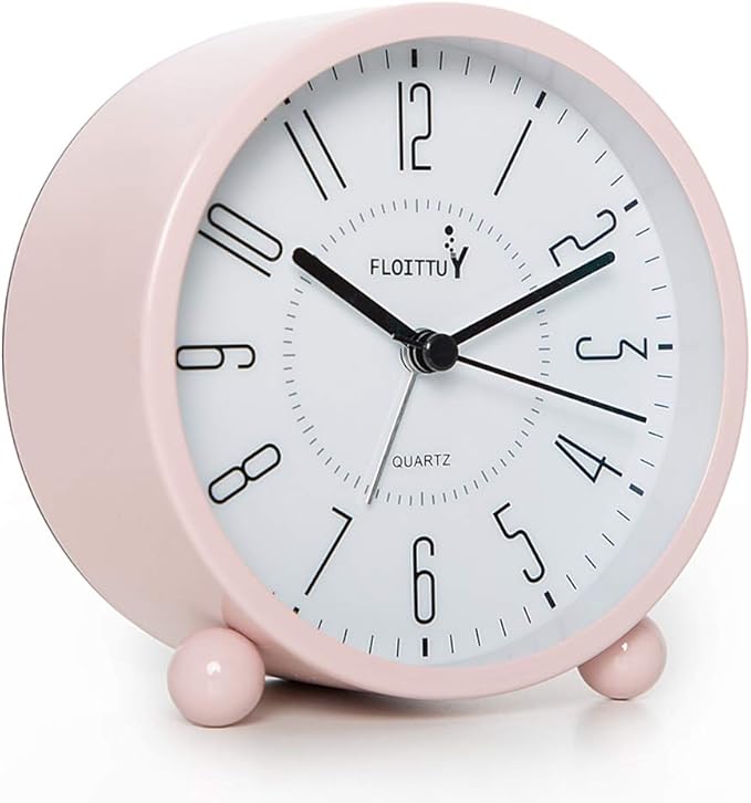 Super Silent Metal Alarm Clock,Beep Wake Round Alarm Clock with Night Light,Battery Operated,Easy Set,Simple & Retro for Desk, Bedroom and Home Decoration(Pink)