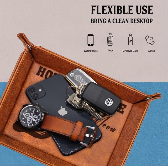 Cat Gifts for Men - PU Leather Storage Gift for Fathers Day, Unique Birthday Gift for Dad from Son Daughter, Funny Cat Dad Gifts Desk Organizer, Cat Lovers Valet Tray Desk Decor Accessories