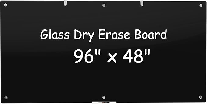 Large Black Glass Dry Erase Board, 96 x 48 Inches Magnetic Glass whiteboard,8' x 4' Frameless Blackboard for Office, Home, School