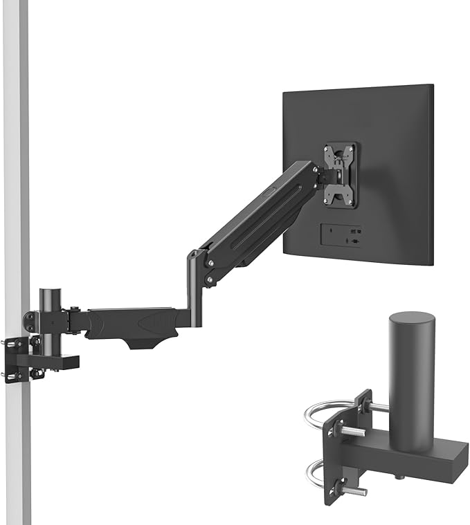 No Drill Monitor Arm Wall Mount - Clamp-on Adjustable Desk Mount for Round & Square Tubes, VESA Compatible Computer Screen Mounting Bracket for Office, Study, Hospital, Bedroom