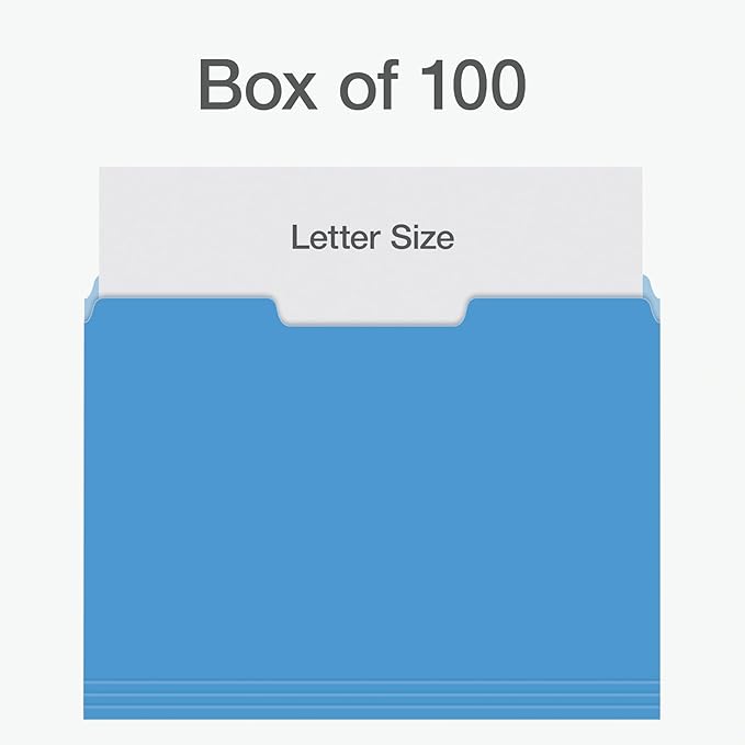 Pendaflex Colored File Folders, 100 Pack, Letter Size (8.5" x 11"), 3 Tabs, Durable Paper, 5 Colors: Blue, Green, Red, Yellow, Orange, Color-Coding for School, Office & Home Document Organization