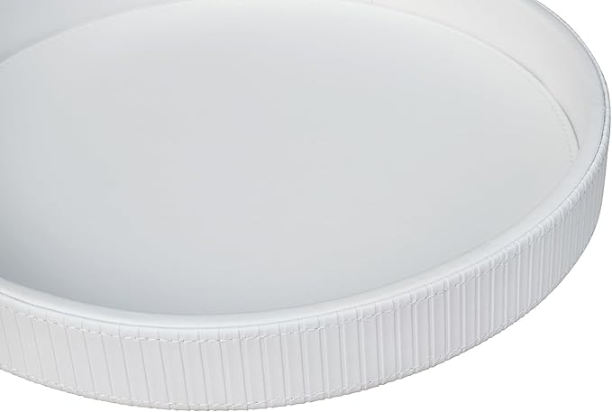 HofferRuffer Round Decorative Tray, Faux Leather Vanity Tray Decor, Decorative Catchall for Perfume, Bathroom Valet, Nightstand or Dresser, 12 x 12 x 1.6 inches (White Stripe)