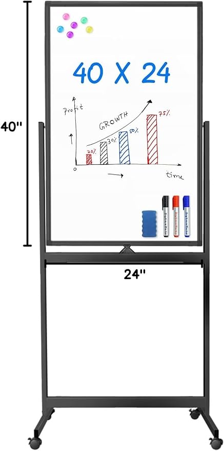 maxtek Magnetic Mobile White Board, 40 x 24 Double Sided Dry Erase Board Rolling Whiteboard, Aluminum Frame Standing Whiteboard on Wheels for Home Office Classroom (40 x 24 Black)