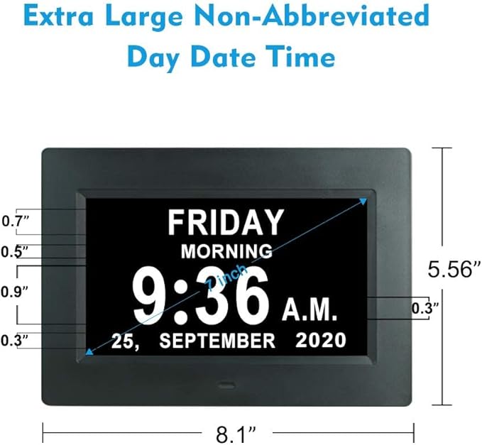7 Inch Extra Large Day Date Time Digital Day Calendar Clock with Auto-Dimming 12 Alarm Reminders Dementia Clocks for Senior Elderly impaired Vision Memory Loss