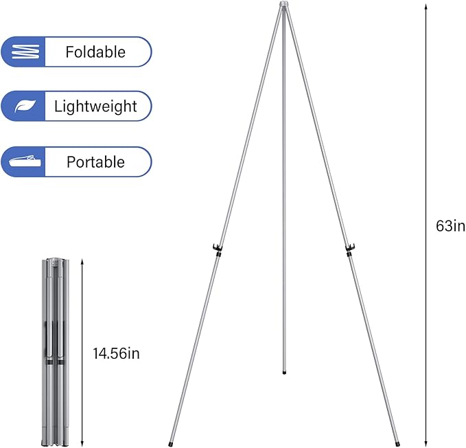 Display Silver Easel Stand - 63" Artist Instant Tripod Collapsible Portable Floor Easel - Adjustable Art Poster Easy Folding Metal Stand for Display Show, Wedding, Painting