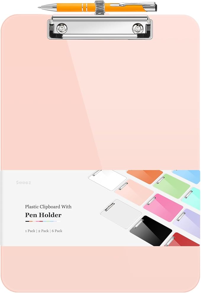 Sooez Plastic Clipboard with Pen Holder, [10% Thicker] Clip Boards 8.5x11 with Low Profile Clip, Cute Hanging Clipboard, Standard Letter Size A4 for Women Teacher, Office & School Supplies