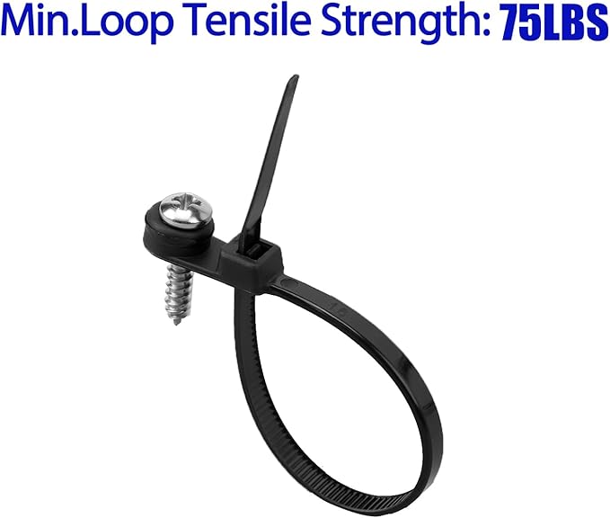 XINGO 250 PCS Black Zip Ties with Screw Hole 7.5 Inch, 75 lbs Mountable head Cable Tie, Multipurpose Heavy Duty Nylon Zip Tie for Indoor & Outdoor Use