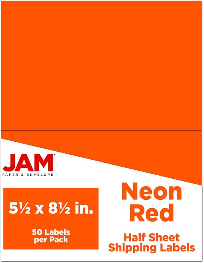 JAM PAPER Shipping Labels - Half Page - 5 1/2 x 8 1/2 - Neon Deep Red/Orange - 50/Pack
