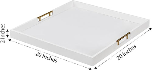 20x20 Inches Large White Faux Leather Wrapped Wood Ottoman Tray with Handles for All Occasions, Serving Food Breakfast on Bed, Home Decor Decorative, Living Room,Square Coffee Table Organizer