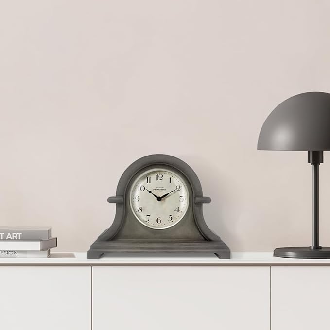 Presentime & Co. Mantel Clock Vintage Farmhouse Series, Napoleon Desk & Shelf Clock, 13 x 10 inch, Domed Lens, Quartz Movement, ABS Plastic Case, Gray Oak Finish (Home/Tabletop Decoration)