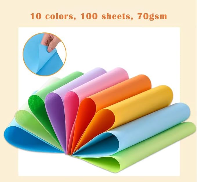 10 Colors Copy Print Paper 8.5X11 Inches,100 Sheets Rainbow A4 Printer Paper 70GSM Colored Origami Paper for Cutting DIY Kids Art Craft